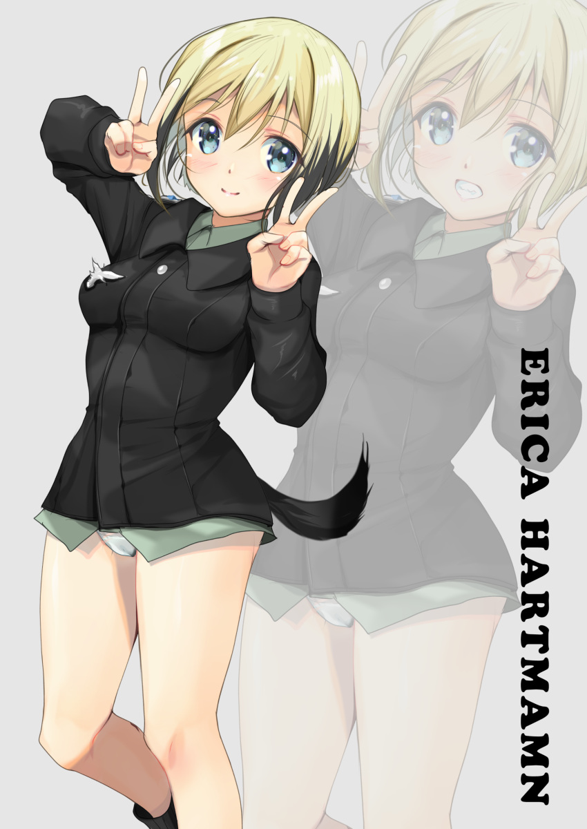 absurdres black_jacket blonde_hair blue_eyes breasts character_name colored_tips dog_tail double_v erica_hartmann feet_out_of_frame grey_shirt highres jacket medium_breasts military military_uniform multicolored_hair panties shirt short_hair strike_witches tail typo underwear uniform v white_panties world_witches_series yashin_(yasinz) zoom_layer