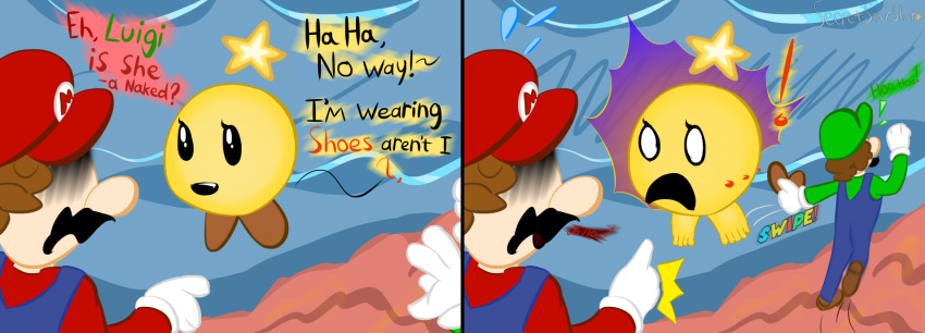 blood bodily_fluids clothing comic dialogue embarrassed english_text exclamation_point feet female forced forced_exposure forced_undressing group hi_res human humor luigi male male/female mammal mario mario_(series) mario_and_luigi_(series) mario_bros nintendo nosebleed onomatopoeia secretstarslut shocked_expression shoes_removed sound_effects star star_sprite starlow sweat sweatdrop text trio undressing waddling_head yellow_body yellow_skin