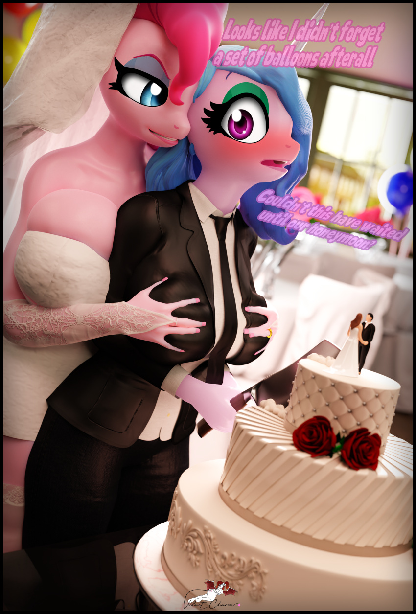 3d_(artwork) absurd_res anthro anthrofied bedroom_eyes black_border black_tie_(suit) blurred_background blush border breast_grab breast_size_difference breast_squish breasts cake clothing curvy_figure dessert devious_grin digit_ring digital_media_(artwork) dress duo duo_focus earth_pony equid equine female female/female food friendship_is_magic grabbing_from_behind group hand_on_breast hasbro hi_res holding_knife holding_object horn horse izzy_moonbow_(mlp) jewelry knife mammal married mlp_g5 my_little_pony my_little_pony:_a_new_generation my_little_pony:_make_your_mark my_little_pony:_tell_your_tale narrowed_eyes pinkie_pie_(mlp) pony ring seductive shocked_expression squish suit tight_clothing unicorn velvet_charm_(artist) voluptuous wedding_cake wedding_clothing wedding_dress wedding_ring wedding_veil