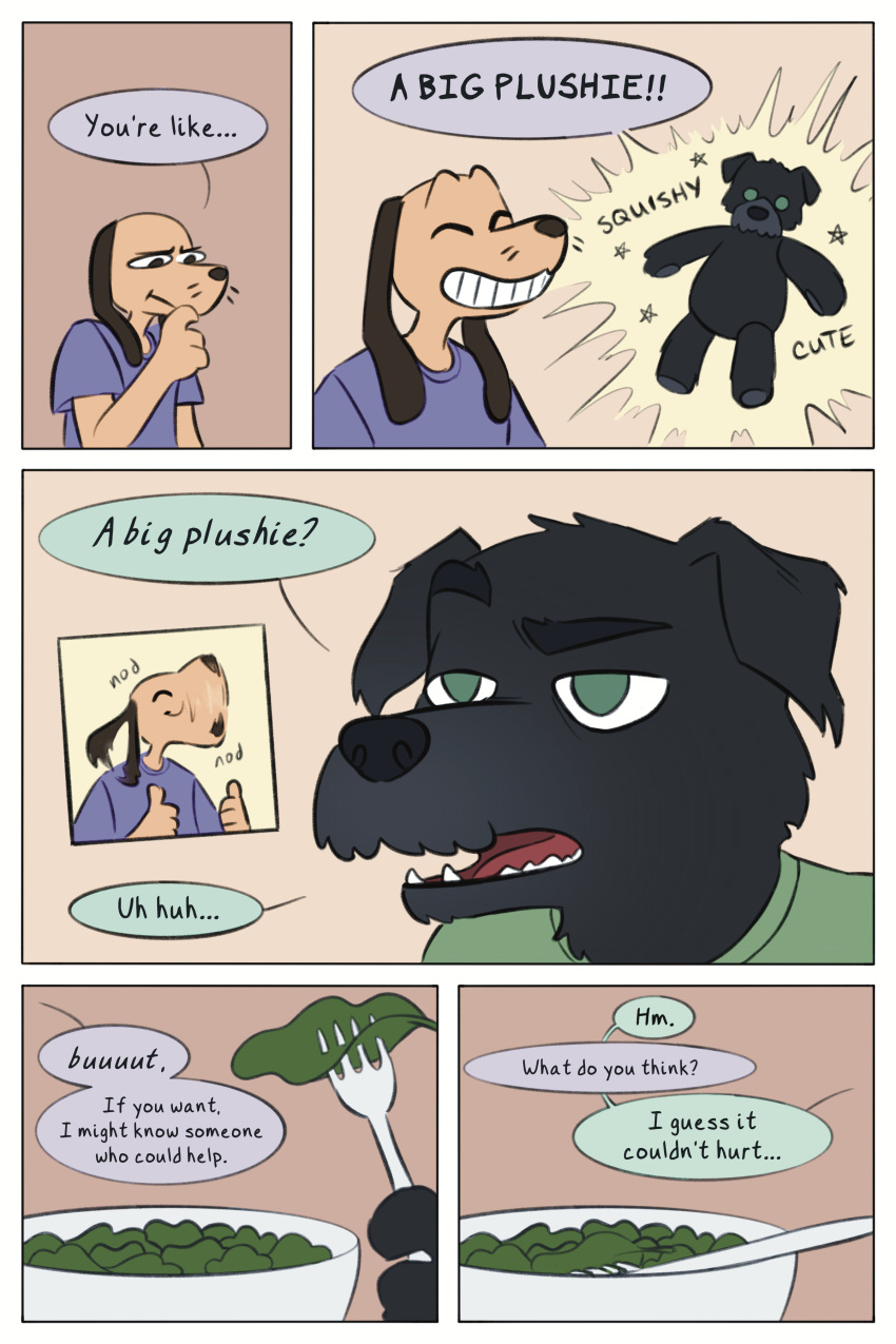 2:3 absurd_res anthro canid canine canis clothing comic dave_(demilittleguy) demilittleguy domestic_dog duo eating elio_(demilittleguy) encouragement english_text food friends green_clothing green_shirt green_topwear hi_res male mammal open_mouth plushie purple_clothing purple_shirt purple_topwear salad shirt smile text topwear