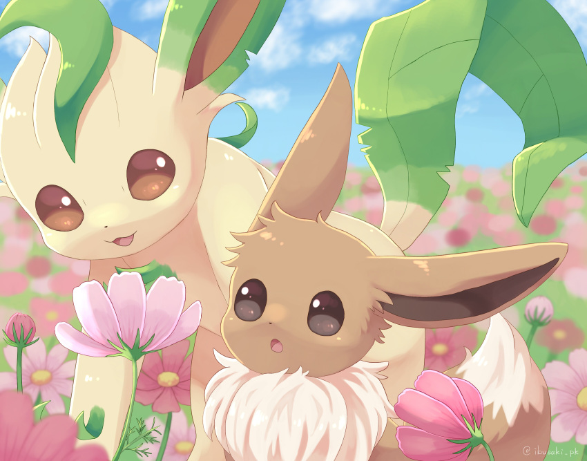 blue_sky blurry blurry_background brown_eyes bud chestnut_mouth cloud eevee field flower flower_field fluffy highres ibusaki_(ivu) leafeon looking_at_flowers no_humans open_mouth outdoors pink_flower pokemon pokemon_(creature) sky smile