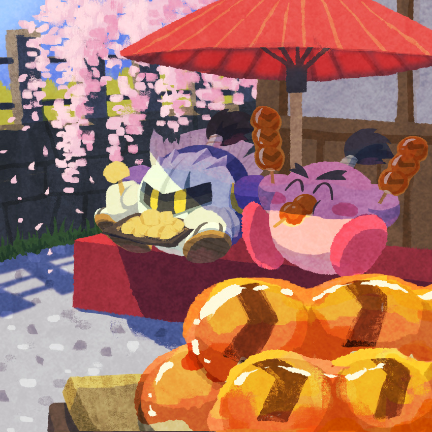 absurdres black_hair blush_stickers cherry_blossoms dango day eating fence food gloves happy high_ponytail highres holding holding_tray kirby kirby_(series) mask meta_knight miclot mitarashi_dango no_humans oil-paper_umbrella outdoors pink_footwear shoes sitting tray umbrella wagashi white_gloves yellow_eyes