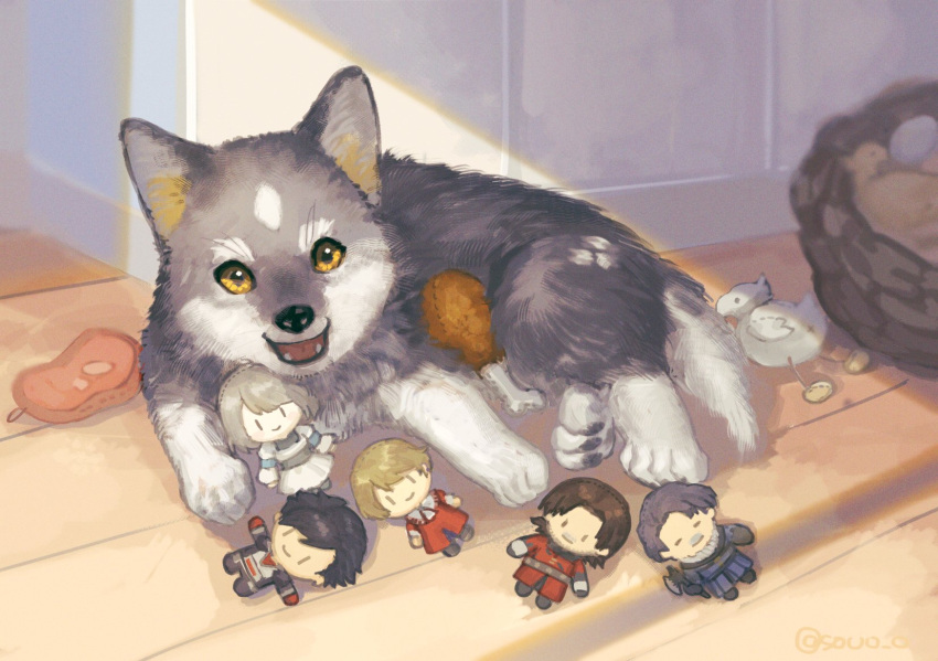 1girl 4boys ambrosia_(ff16) animal beard_stubble black_hair blonde_hair brothers brown_hair byron_rosfield clive_rosfield dog dress elwin_rosfield father_and_son final_fantasy final_fantasy_xvi gloves grey_hair grey_wolf highres jill_warrick joshua_rosfield looking_at_viewer lying multiple_boys on_side puppy red_gloves red_robe robe siblings soul_(tamashii) torgal_(ff16) uncle_and_nephew white_dress wolf wooden_floor yellow_eyes