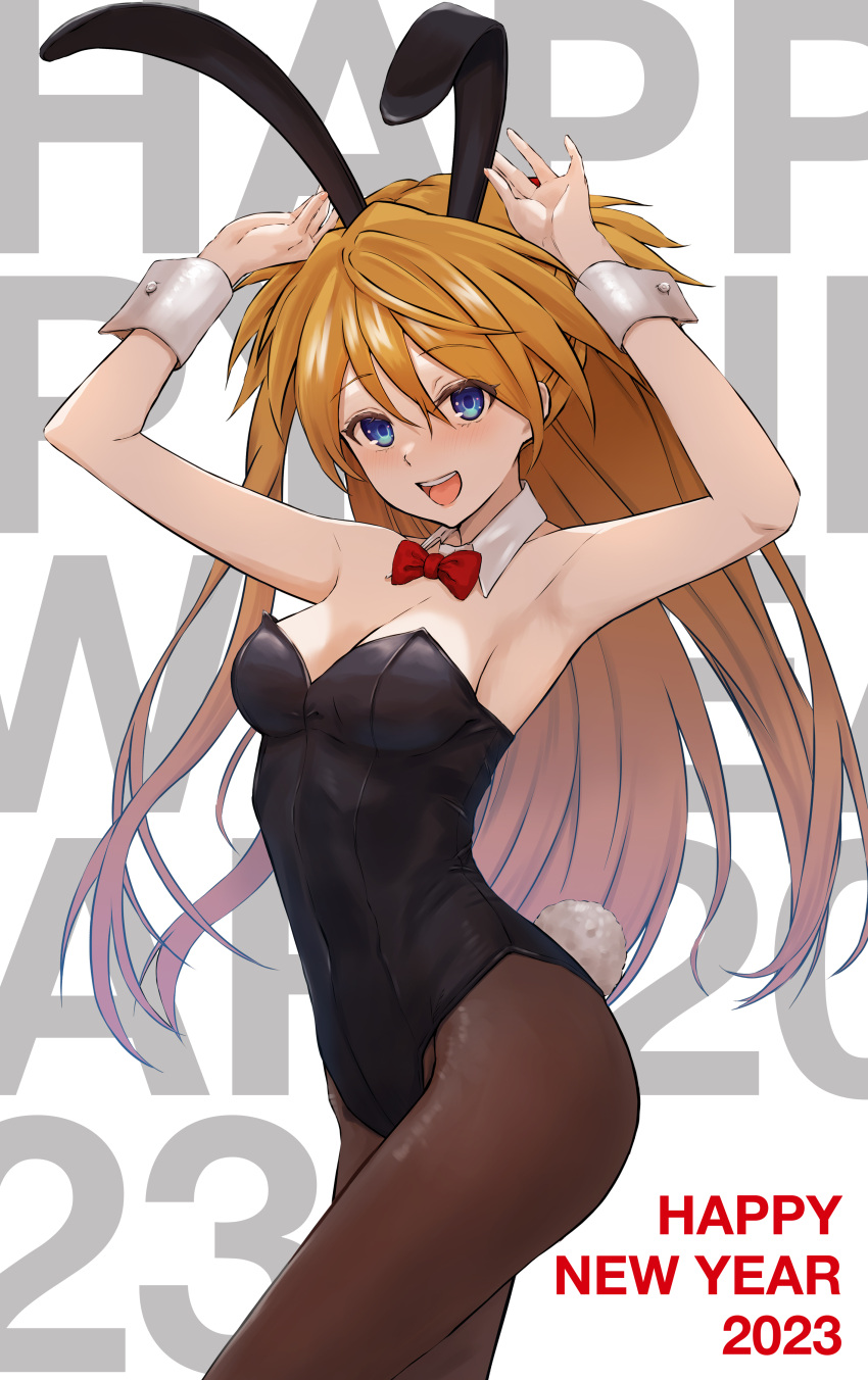 1girl absurdres armpits bare_shoulders blue_eyes bow bowtie breasts brown_hair cleavage evangelion:_3.0+1.0_thrice_upon_a_time highres leotard long_hair medium_breasts neon_genesis_evangelion playboy_bunny rebuild_of_evangelion red_bow red_bowtie sasasa_r_23 solo souryuu_asuka_langley teeth topknot two_side_up upper_teeth_only