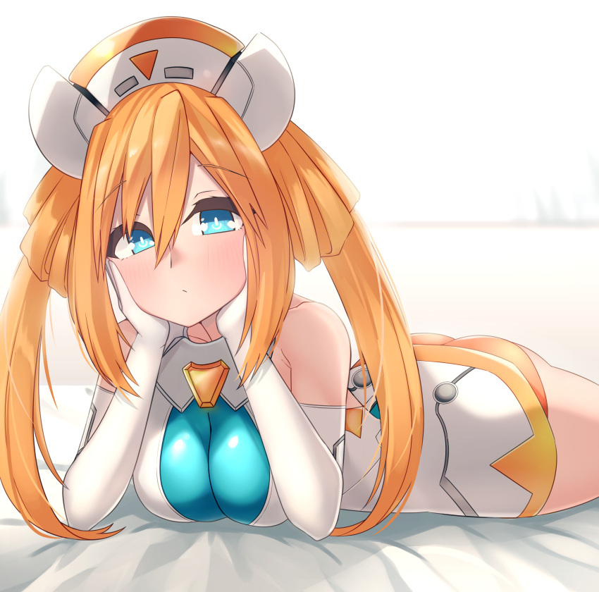 1girl absurdres ass bare_shoulders blue_eyes blush breasts cleavage commission dura elbow_gloves from_side gloves hair_between_eyes hair_rings hands_on_own_cheeks hands_on_own_face hat head_rest highres leotard long_hair looking_at_viewer lying neptune_(series) nurse_cap on_stomach orange_hair orange_heart pixiv_commission power_symbol shin_jigen_game_neptune_vii skin_tight sleeveless solo symbol-shaped_pupils twintails very_long_hair white_gloves white_leotard