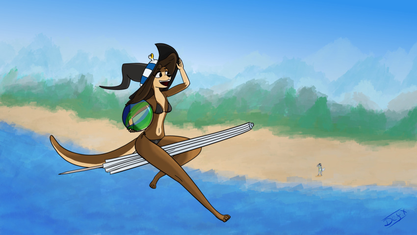 agustina_(cansinodx) anthro ball beach beach_ball beach_umbrella bikini brown_body brown_hair canid canine canis cansinodx clothing female flotation_device flying hair hat headgear headwear hi_res inflatable mammal mustelid olivia_(cansinodx) otter seaside swimwear white_body witch_hat wolf