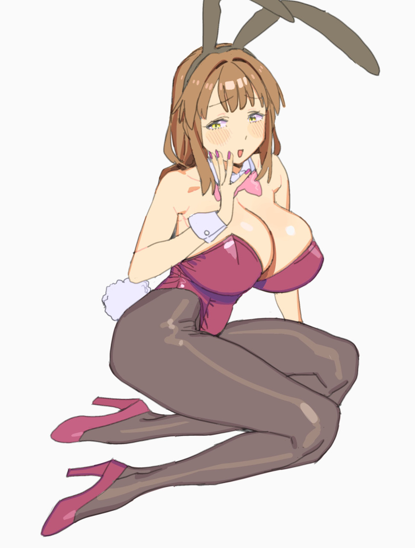 1girl absurdres animal_ears arm_rest bare_shoulders black_pantyhose blush breasts brown_hair cleavage detached_collar fake_animal_ears from_side full_body high_heels highres huge_breasts imamura_ryou kneeling kotobuki_mayuki leotard long_hair looking_to_the_side low-tied_long_hair nail_polish open_mouth pantyhose playboy_bunny purple_footwear purple_leotard purple_nails rabbit_ears seitokai_nimo_anawa_aru! sideways_glance simple_background smile solo strapless strapless_leotard twisted_torso white_background wrist_cuffs yellow_eyes