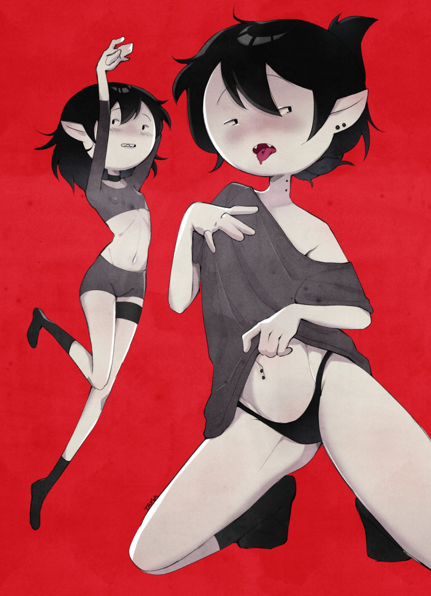 1girl adventure_time bite_mark black_choker black_eyes black_hair black_shirt choker clothing_request covered_nipples ear_piercing existenc3 fangs highres jumping kneeling marceline_abadeer navel_piercing off_shoulder open_mouth piercing pointy_ears red_background shirt short_hair short_sleeves simple_background socks solo t-shirt thigh_strap tongue tongue_out underwear vampire vampire_bite
