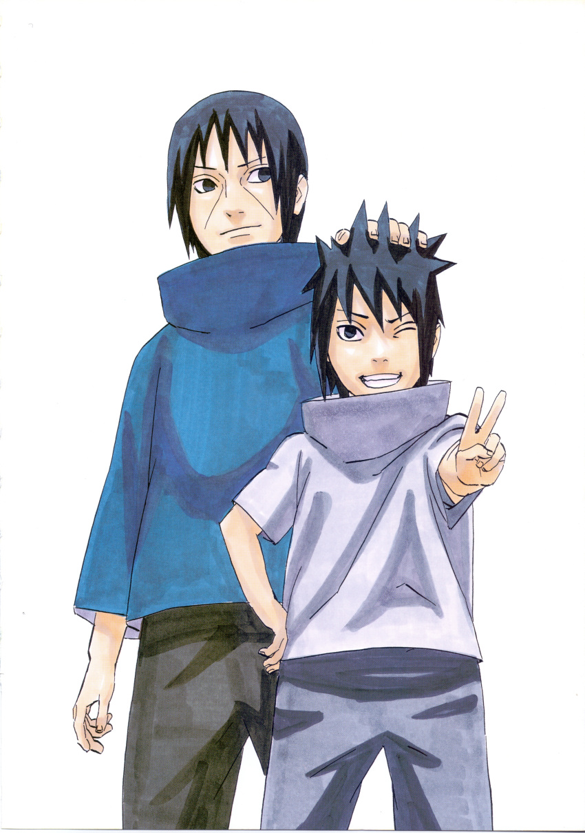 2boys absurdres bad_source black_hair brothers facial_mark highres long_hair looking_at_viewer multiple_boys naruto naruto_(series) naruto_shippuuden ninja sharingan short_hair siblings simple_background smile uchiha_itachi uchiha_sasuke