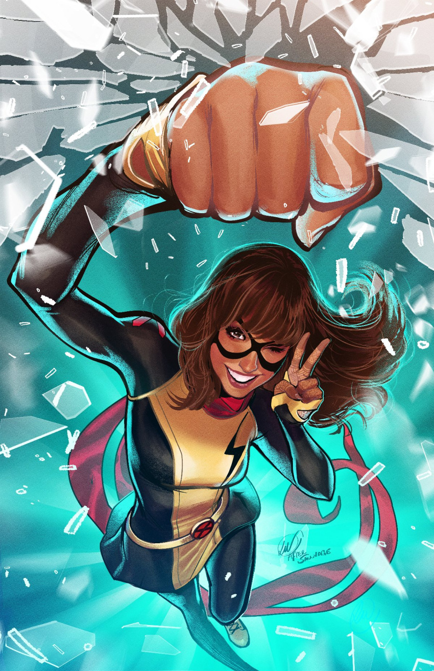 1girl black_dress black_gloves black_pantyhose breasts broken_glass brown_eyes brown_hair comic_cover cover_image dark-skinned_female dark_skin domino_mask dress english_commentary fingerless_gloves glass gloves highres kamala_khan logo long_hair lukas_werneck marvel mask medium_breasts ms._marvel official_art one_eye_closed pantyhose parted_lips punching signature smile solo stretched_limb superhero textless_version v western_comics_(style) x-men