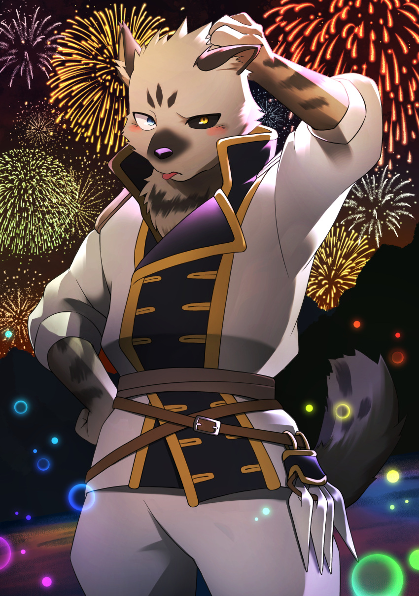 absurd_res belt black_sclera blue_eyes blush clothed clothing fireworks fur hi_res hyena inner_ear_fluff kouga0225 lanteveldt looking_at_viewer male mammal night sacrificial_princess_and_the_king_of_beasts solo tan_body tan_fur tongue tongue_out tuft yellow_eyes
