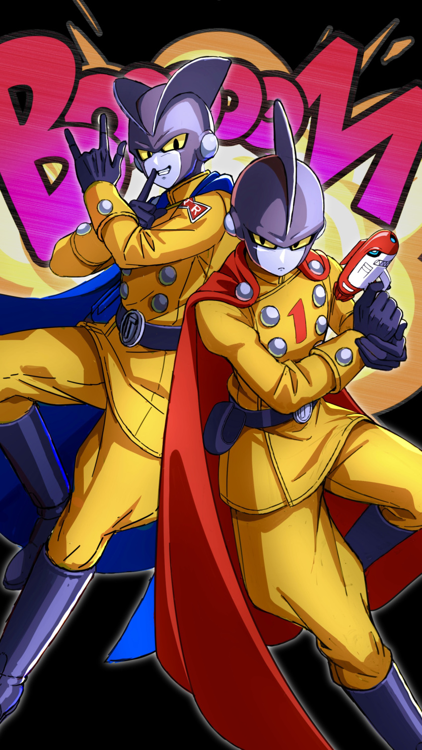 2boys absurdres belt black_background black_belt black_eyes black_footwear black_gloves blue_cape boots buttons cape closed_mouth colored_sclera colored_skin commentary_request double-breasted dragon_ball dragon_ball_super dragon_ball_super_super_hero energy_gun explosion frown gamma_1 gamma_2 gloves grey_skin grin hands_up highres holding holding_weapon holster jacket long_sleeves looking_at_viewer male_focus mine1225 multiple_boys pants ray_gun red_cape red_ribbon_army serious simple_background smile sound_effects teeth v-shaped_eyebrows weapon yellow_jacket yellow_pants yellow_sclera