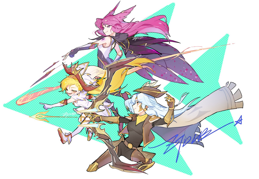 3girls animal_ears armored_gloves ashe_(league_of_legends) belt black_cape black_footwear black_gloves blonde_hair blue_hair bow_(weapon) braid breasts brown_belt brown_headwear brown_jacket cape capelet closed_mouth dress elbow_gloves energy_blast feathers floating_hair full_body fur-trimmed_dress fur_trim gloves hat high_noon_ashe highres holding holding_bow_(weapon) holding_weapon jacket league_of_legends light_blue_hair long_hair lower_teeth_only magic multiple_girls official_alternate_costume official_alternate_hairstyle one_eye_closed partially_fingerless_gloves pink_hair pointing prestige_arcanist_zoe_(league_of_legends) purple_eyes scarf side_braid sideboob signature simple_background sleeveless smile star_guardian_(league_of_legends) star_guardian_xayah teeth weapon white_capelet white_dress white_gloves white_headwear xayah yellow_eyes yellow_scarf zoe_(league_of_legends) ztdlb