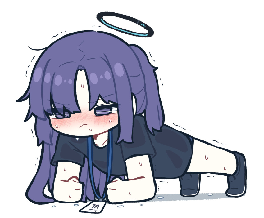1girl arm_rest black_shirt blue_archive blush clenched_hands collarbone commentary halo highres nose_blush official_alternate_costume piki_(itpiki) planking purple_eyes purple_hair shirt short_sleeves simple_background solo sweat symbol-only_commentary tiptoes trembling white_background yuuka_(blue_archive) yuuka_(track)_(blue_archive)