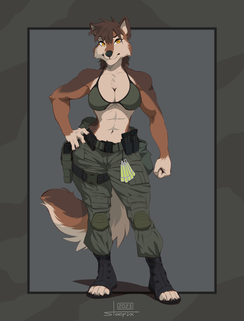 abs absurd_res anthro athletic athletic_female bikini bikini_top breasts canid canine canis cleavage clothed clothing female grizzlygus hi_res law_enforcement mammal police sierra_howlett solo special_forces stoopix swat swimwear tactical tactical_gear tomboy wolf