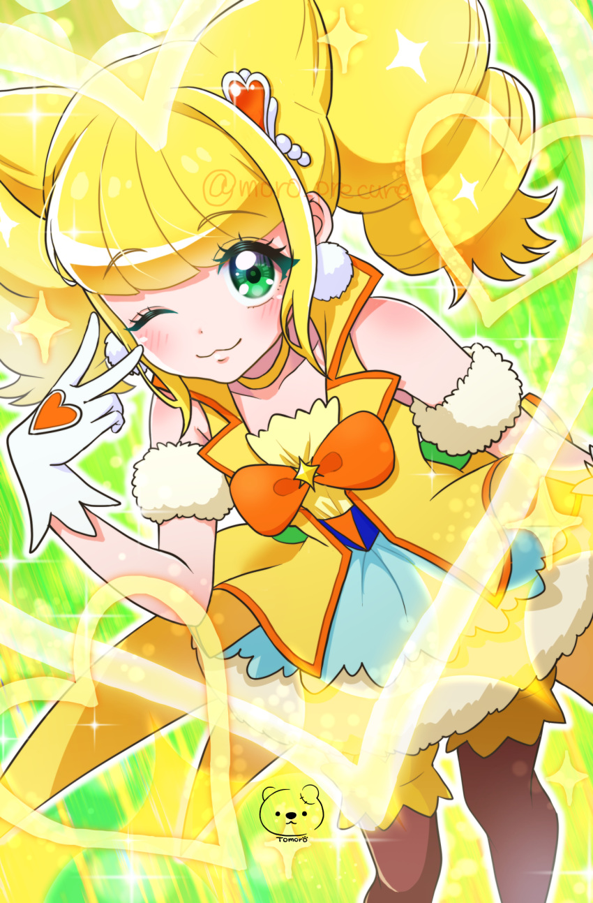 1girl ;3 birthday blonde_hair bow bowtie brooch brown_thighhighs bubble_skirt choker cone_hair_bun cowboy_shot cure_sparkle earrings gloves green_background green_eyes hair_bun hair_ornament happy_birthday healin'_good_precure heart heart_hair_ornament highres hiramitsu_hinata jewelry long_hair looking_at_viewer magical_girl moro_precure one_eye_closed orange_bow orange_bowtie pom_pom_(clothes) pom_pom_earrings precure skirt smile solo star_brooch thighhighs twintails vest white_gloves yellow_choker yellow_vest