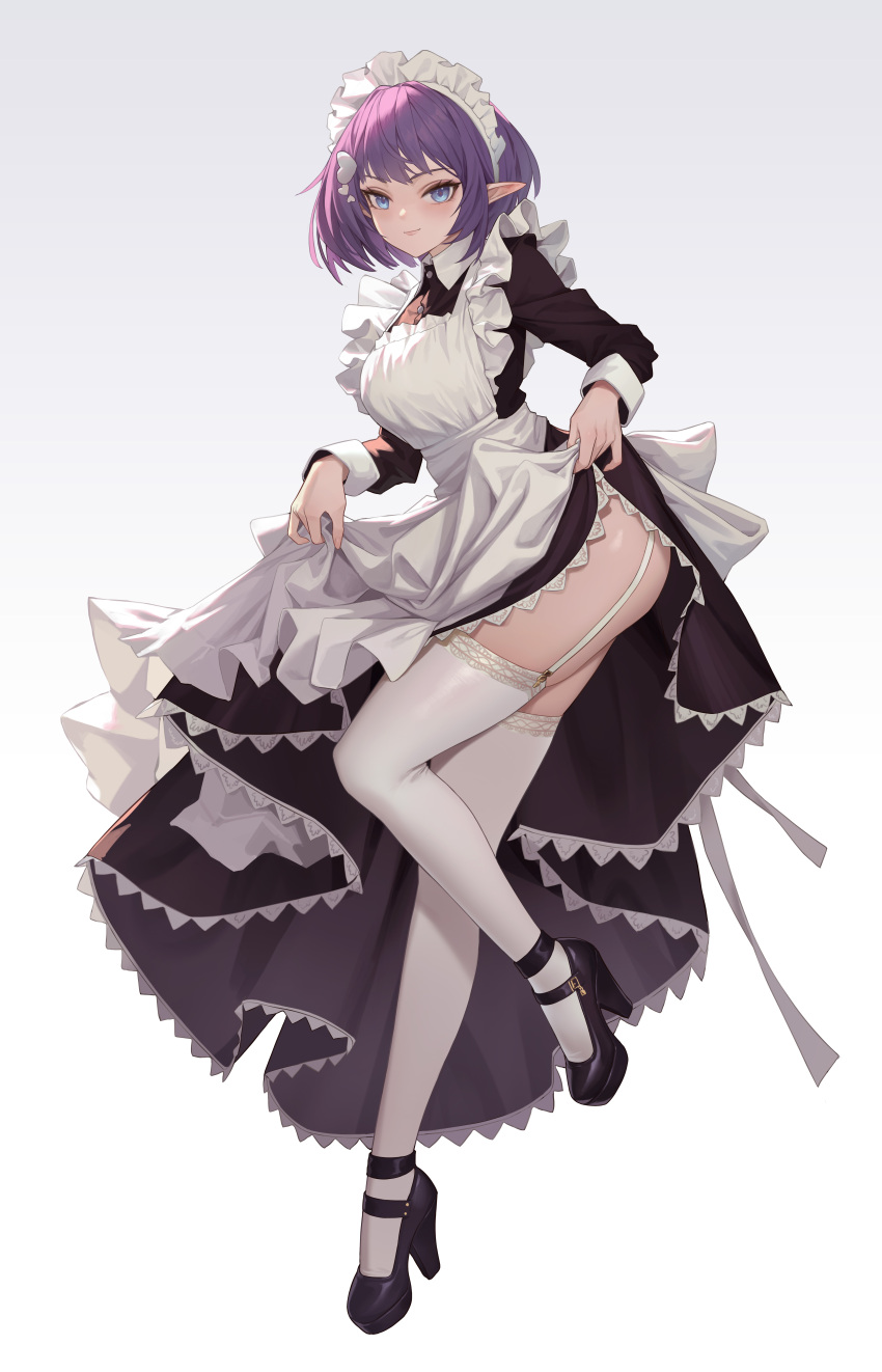 1girl absurdres apron apron_lift black_dress black_footwear blue_eyes clothes_lift commentary dress dress_lift frilled_apron frilled_hairband frills garter_straps gradient_background hair_ornament hairband heart heart_hair_ornament highres lace-trimmed_dress lace_trim looking_at_viewer maid maid_apron maid_headdress original platform_footwear platform_heels pointy_ears purple_hair short_hair sidelocks simple_background solo standing standing_on_one_leg thighhighs white_apron white_thighhighs xzu