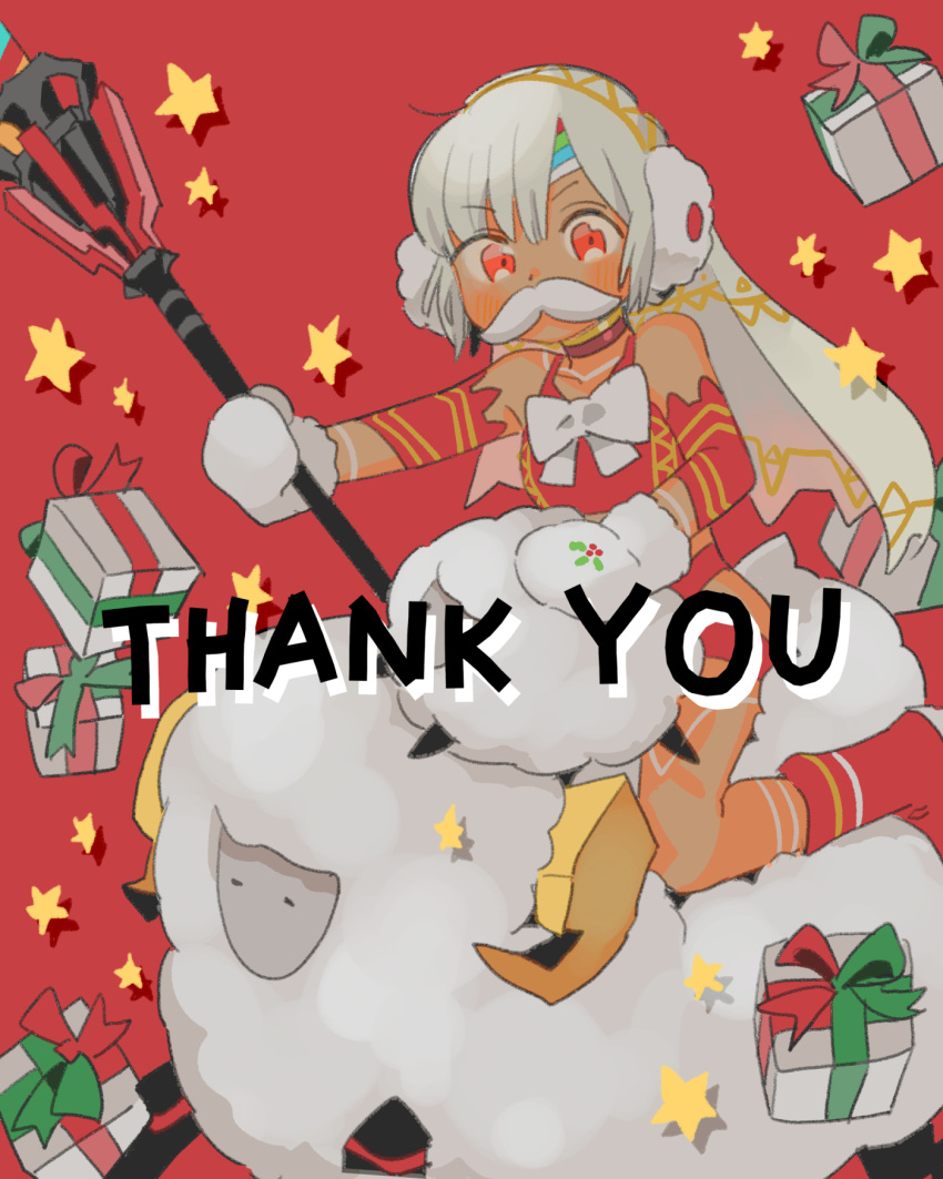 1girl altera_(fate) altera_the_santa_(fate) boots bow bra choker christmas collarbone dark-skinned_female dark_skin earmuffs fake_facial_hair fake_mustache fate/grand_order fate_(series) gift highres holding holding_staff long_hair looking_at_viewer mittens oneroom-disco red_background red_bra red_choker red_eyes red_footwear riding sheep solo staff star_(symbol) thank_you underwear white_bow white_hair white_mittens