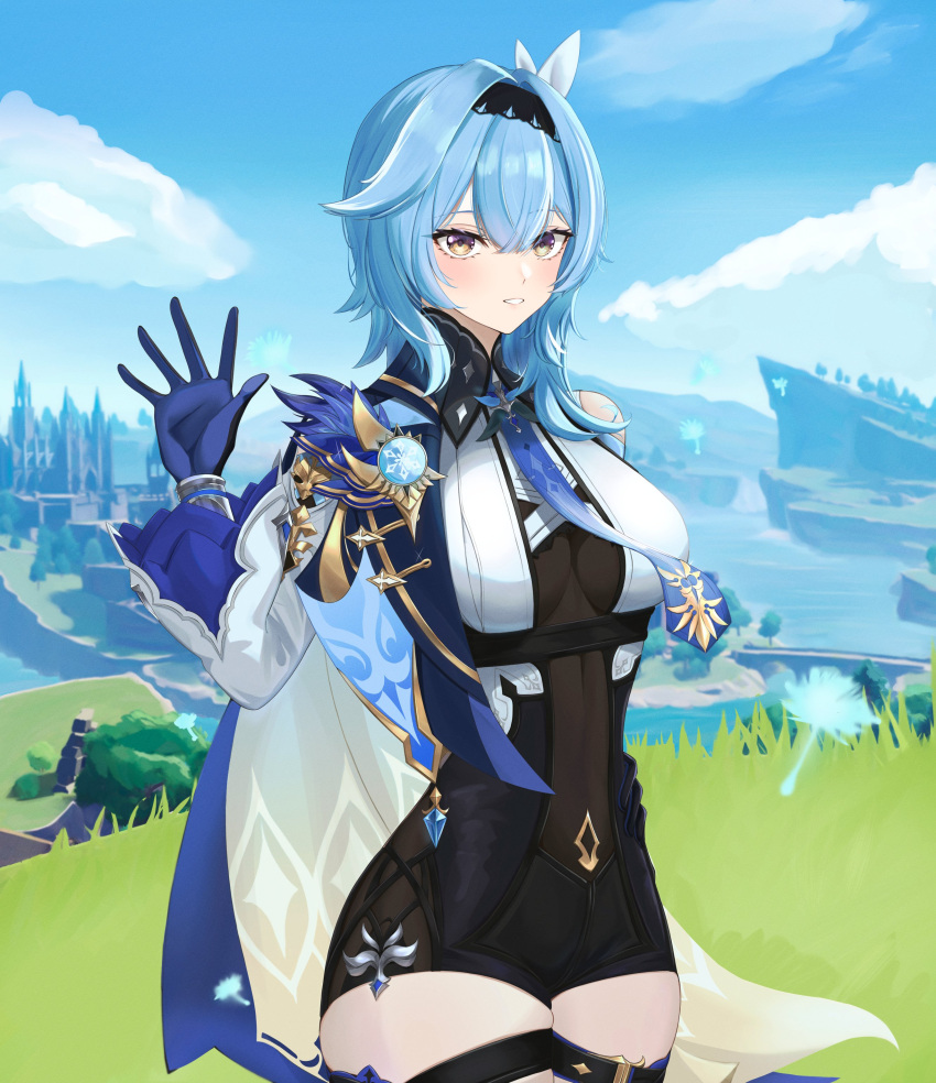 1girl absurdres black_hairband blue_cape blue_gloves blue_necktie blue_sky breasts cape chest_harness clenched_teeth cloud cowboy_shot dandelion_seed day eipanguino eula_(genshin_impact) genshin_impact gloves grass hair_between_eyes hair_intakes hair_ornament hairband hand_up harness high-waist_shorts highres long_sleeves looking_at_viewer medium_breasts medium_hair necktie open_mouth outdoors shorts shoulder_cape sidelocks sky solo teeth vision_(genshin_impact) waving white_sleeves wide_sleeves yellow_eyes