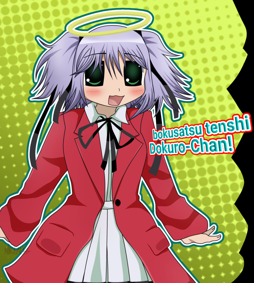 1girl 2023 :d angel black_ribbon blush bokusatsu_tenshi_dokuro-chan copyright_name english_text green_eyes grey_hair hair_ribbon halo highres mitsukai_dokuro nklanuswulf ribbon smile solo standing yellow_background