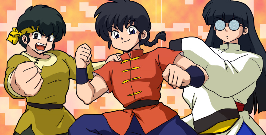 3boys bandana black_hair braid braided_ponytail chinese_clothes closed_mouth glasses hibiki_ryouga highres light_smile long_hair mousse_(ranma_1/2) multiple_boys open_mouth ranma_1/2 saotome_ranma tangzhuang wanta_(futoshi) yellow_bandana