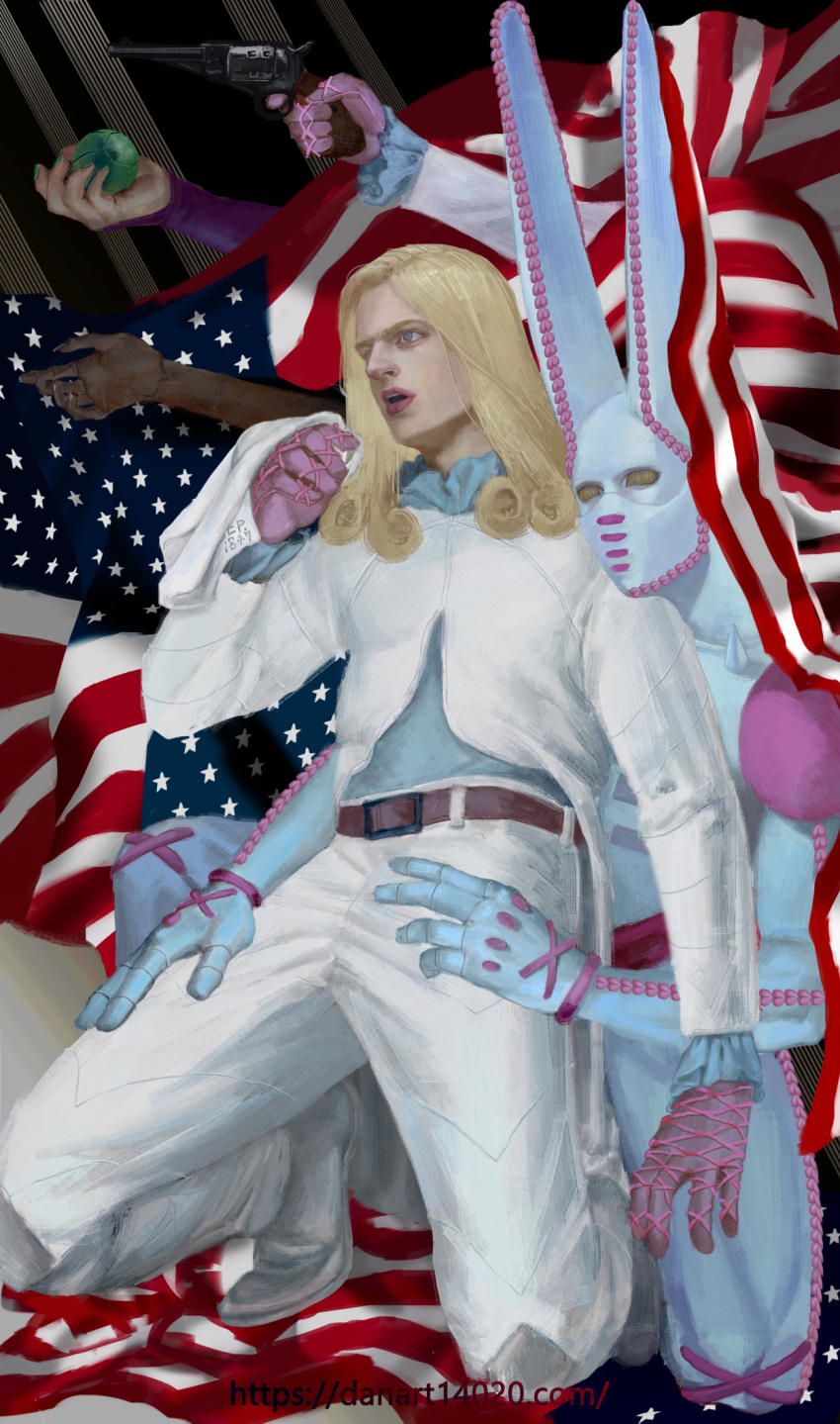 american_flag ball belt blonde_hair blue_eyes coat commentary danart14020 dirty_deeds_done_dirt_cheap funny_valentine gloves gun gyro_zeppeli highres historical_american_flag holding holding_ball holding_gun holding_weapon jojo_no_kimyou_na_bouken long_hair long_sleeves looking_to_the_side male_focus open_mouth pants realistic shirt stand_(jojo) steel_ball steel_ball_run weapon