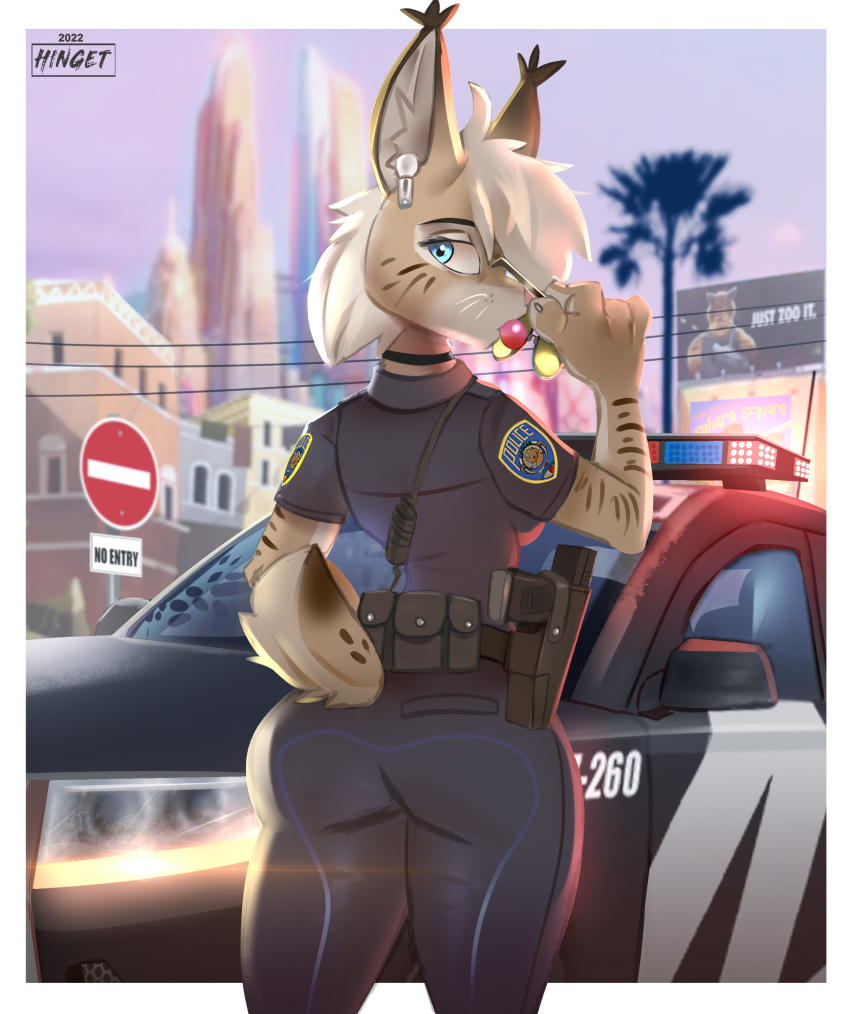 absurd_res anthro bubble_gum butt car choker clothing disney eyewear felid feline female grizzlygus hi_res hinget jewelry looking_back lynx mammal necklace police police_car police_officer police_uniform solo sunglasses tammy_rys uniform vehicle zootopia