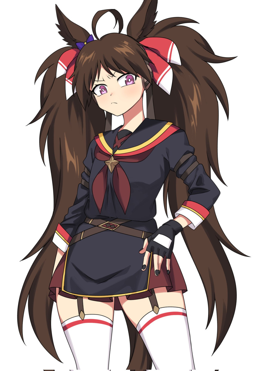 1girl ahoge animal_ears belt black_gloves black_nails black_sailor_collar bow bright_pupils brown_hair commentary cowboy_shot crossed_belts dream_journey_(racehorse) ear_bow fingerless_gloves frown fukuro_(maruaru00) furrowed_brow genderswap genderswap_(mtf) gloves hair_bow hand_on_own_hip highres horse_ears horse_girl long_hair long_sleeves looking_down messy_hair multicolored_sailor_collar neckerchief original personification purple_bow purple_eyes red_bow red_neckerchief red_skirt sailor_collar simple_background skirt solo tabard thighhighs twintails umamusume v-shaped_eyebrows very_long_hair white_background white_thighhighs yellow_sailor_collar