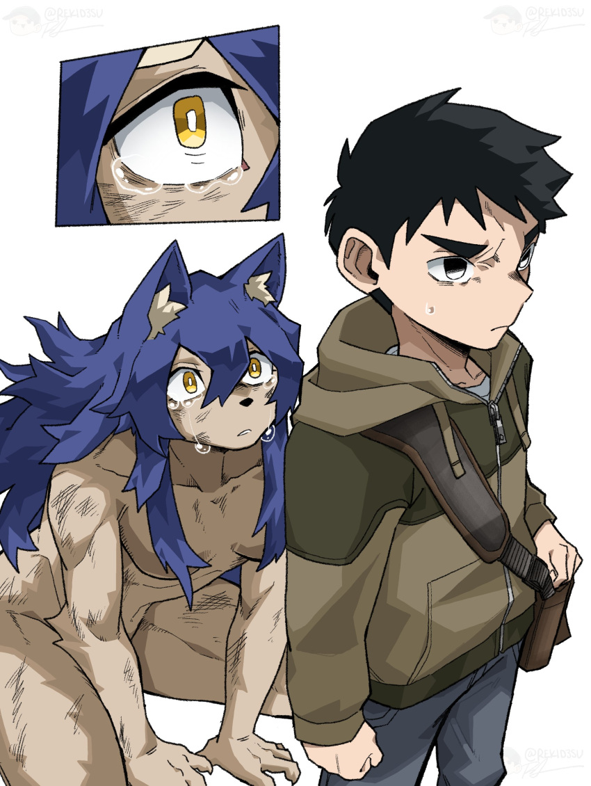 absurd_res angry anthro bag bodily_fluids canid canine canis clothed clothing comic crying digital_media_(artwork) duo female fur group hair hi_res human male mammal pages purple_hair rekidesu series simple_background solo sweater tears topwear were werecanid werecanine werewolf wolf