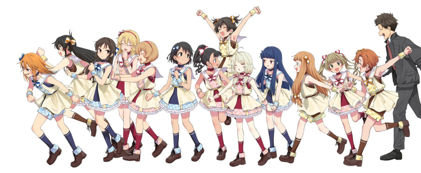 1boy 6+girls akagi_miria arms_up black_eyes black_footwear black_hair blonde_hair blue_hair bow brown_eyes brown_footwear brown_hair closed_eyes commentary_request dress fukuyama_mai full_body grey_hair hair_bow hairband highres ichihara_nina idol_clothes idolmaster idolmaster_cinderella_girls idolmaster_cinderella_girls_u149 jacket jumping koga_koharu kyouno light_brown_hair long_hair looking_at_another matoba_risa multiple_girls necktie open_mouth orange_hair producer_(idolmaster) producer_(idolmaster_cinderella_girls_u149) red_eyes ryuzaki_kaoru sajo_yukimi sakurai_momoka sasaki_chie short_hair simple_background sleeveless sleeveless_dress smile tachibana_arisu twintails two_side_up white_background wrist_cuffs yokoyama_chika yusa_kozue yuuki_haru