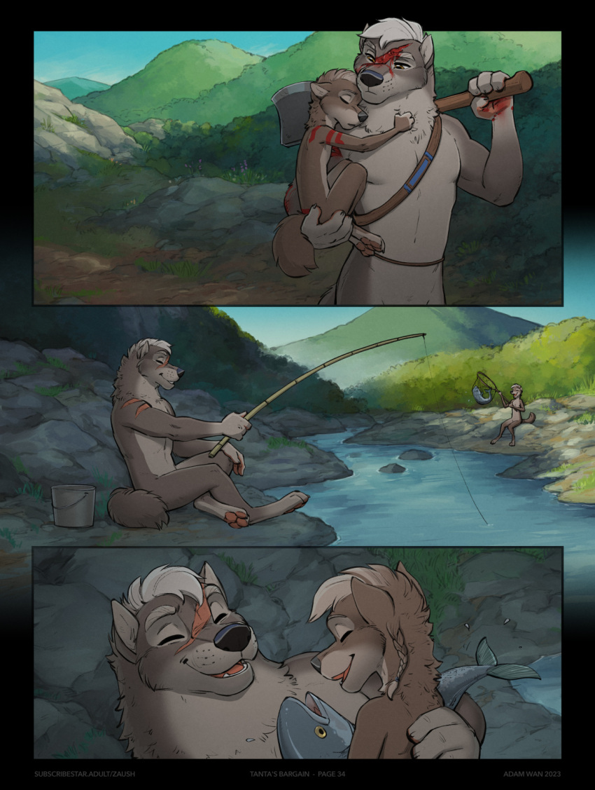 2023 ambiguous_gender anthro anthro_on_anthro axe black_nose blood bodily_fluids canid canine canis casual_nudity comic digital_media_(artwork) duo english_text facial_scar fish fishing fishing_rod flashback forest fur grey_body grey_fur hair hi_res male mammal marine nude outdoor_nudity outside page_number plant scar shoulder_scar social_nudity tail teenager text tree tribal url water white_hair wolf young zaush