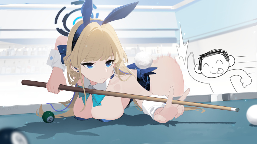 1boy 1girl absurdres animal_ears aqua_bow aqua_bowtie arona's_sensei_doodle_(blue_archive) blonde_hair blue_archive blue_eyes blue_hairband blue_leotard bow bowtie breast_rest breasts breasts_on_table cleavage cue_stick detached_collar earpiece fake_animal_ears fake_tail hairband halo highleg highleg_leotard highres hime_cut large_breasts leotard official_alternate_costume playboy_bunny pool_table qianhui rabbit_ears rabbit_tail sensei_(blue_archive) solo_focus spanking strapless strapless_leotard table tail toki_(blue_archive) toki_(bunny)_(blue_archive) white_wrist_cuffs