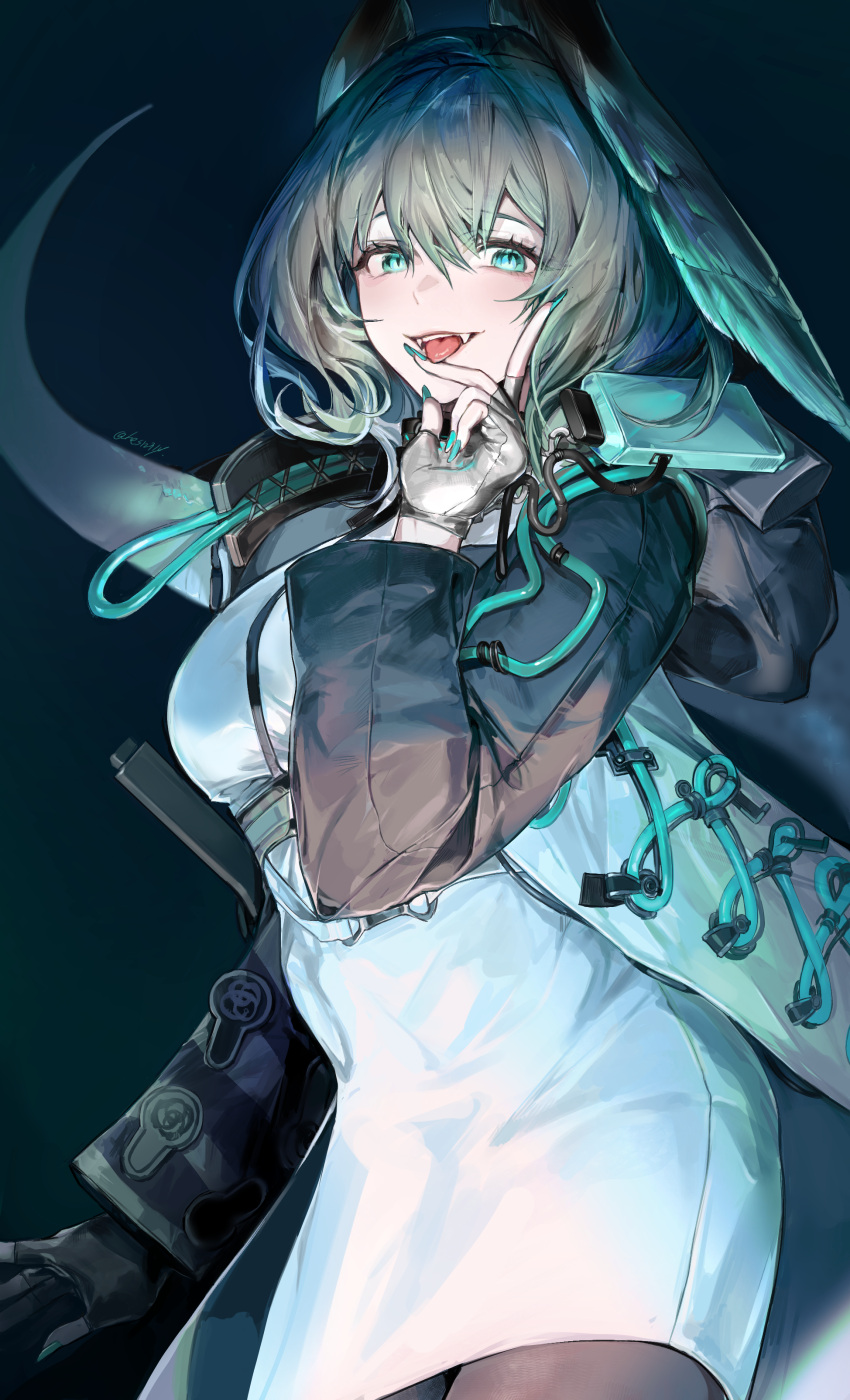 1girl absurdres aqua_eyes aqua_nails aqua_wings arknights between_breasts black_pantyhose blush breasts coat dark_background dress fangs feathered_wings finger_to_mouth fingerless_gloves fingernails gloves grey_hair hair_between_eyes head_wings highres ho'olheyak_(arknights) infection_monitor_(arknights) long_coat long_sleeves looking_at_viewer open_clothes open_coat open_mouth pantyhose sharp_fingernails short_hair sidelocks slit_pupils snake_tail solo strap_between_breasts tail teeth tongue tongue_out twice12314 upper_body upper_teeth_only white_dress white_gloves wings