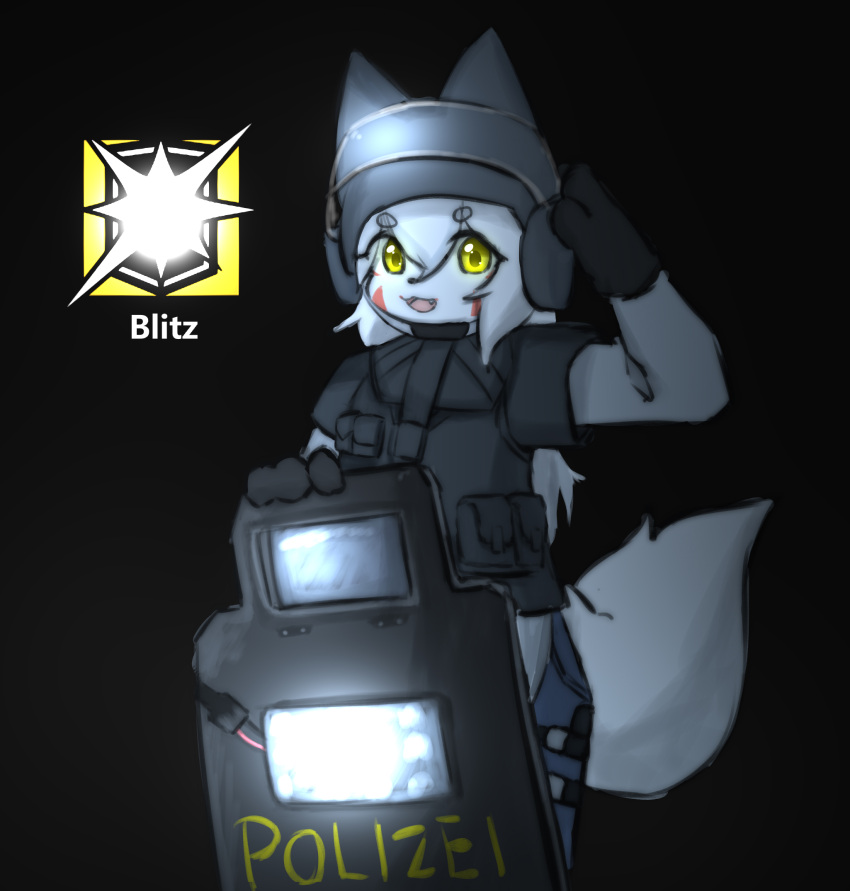 2023 :3 anthro armor biped black_background black_clothing black_gloves black_handwear black_nose black_topwear blue_bottomwear blue_clothing body_armor bottomwear canid canine cheek_markings clothed clothing colored cute_fangs digital_media_(artwork) english_text eyelashes facial_markings female fluffy fluffy_tail fox front_view fully_clothed fur furgonomic_headwear furgonomics glistening glistening_eyes gloves hair handwear head_markings headgear helmet hi_res holyhorizon kemono long_hair looking_at_viewer mammal markings monotone_body monotone_fur monotone_hair monotone_tail open_:3 open_mouth open_smile pink_tongue police police_officer police_uniform portrait pupils rainbow_six:_siege red_markings riot_shield shaded shield simple_background smile solo standing tail text three-quarter_portrait three-quarter_view tom_clancy's_(series) tongue topwear ubisoft uniform white_body white_fur white_hair white_tail yellow_eyes yellow_pupils