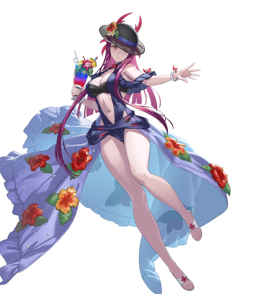 1girl bare_shoulders bracelet breasts cuboon feet fire_emblem fire_emblem_engage fire_emblem_heroes full_body hat highres ivy_(fire_emblem) jewelry legs long_hair medium_breasts non-web_source official_art one-piece_swimsuit purple_eyes purple_hair sandals solo swimsuit toenails toes transparent_background