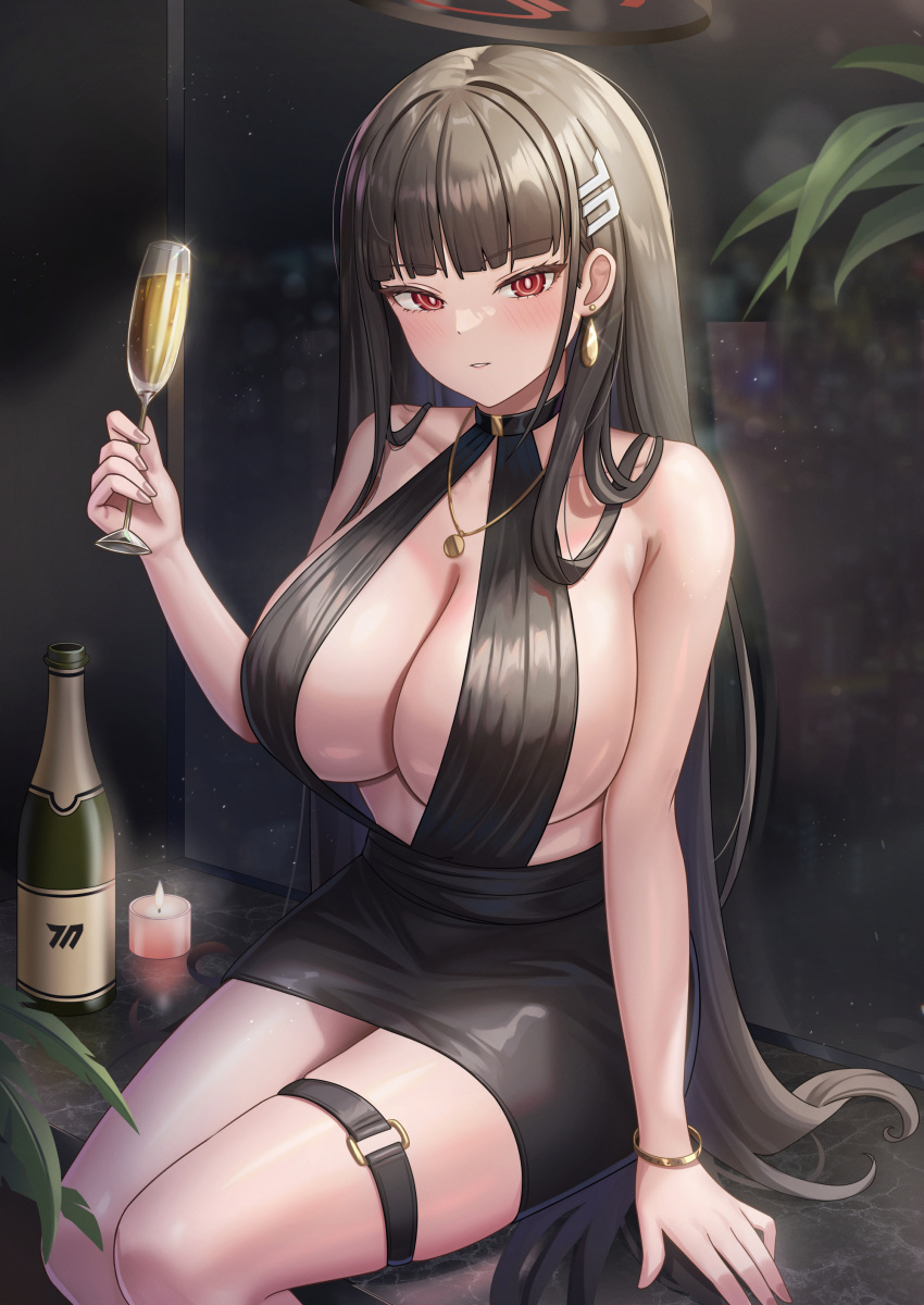 1girl absurdres black_hair black_skirt blue_archive blush bottle bracelet breasts bright_pupils chisi cleavage cocktail cocktail_glass cup drinking_glass feet_out_of_frame hair_ornament hairclip halo highres holding holding_cup huge_breasts jewelry long_hair necklace open_mouth pencil_skirt red_eyes rio_(blue_archive) skirt solo thigh_strap white_pupils