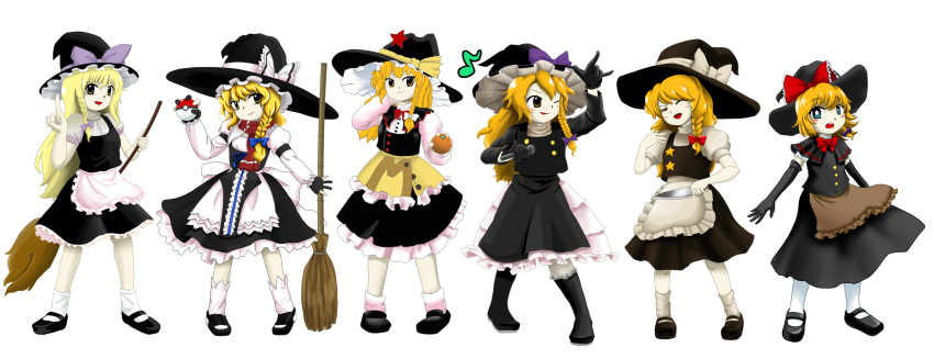 6+girls apron azusa_(cookie) black_capelet black_coat black_footwear black_gloves black_headwear black_skirt black_vest blonde_hair blue_bow blue_eyes blush boots bow bowtie braid breasts bright_pupils broom brown_apron buttons capelet closed_mouth coat commentary_request cookie_(touhou) elbow_gloves food frilled_skirt frills fruit full_body gloves hair_bow hat hat_bow hat_ornament highres holding holding_knife holding_microphone holding_poke_ball index_finger_raised kirisame_marisa knife long_hair looking_at_viewer mandarin_orange mars_(cookie) mary_janes medium_bangs meguru_(cookie) microphone multiple_girls one_eye_closed open_mouth orange_(fruit) pantyhose parasite_oyatsu pigeon-toed poke_ball pokemon puffy_short_sleeves puffy_sleeves purple_bow red_bow red_bowtie red_eyes red_scarf red_star rei_(cookie) scarf shirt shoes short_hair short_sleeves simple_background single_braid skirt skirt_set small_breasts smile socks star_(symbol) star_hat_ornament suzu_(cookie) touhou transparent_background turtleneck uzuki_(cookie) vest waist_apron white_apron white_bow white_pantyhose white_pupils white_shirt white_socks witch_hat yellow_eyes zun_(style)