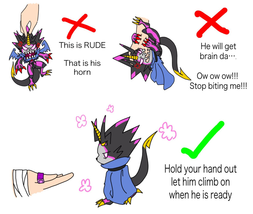 angry anthro bandage bandai_namco belt bite cape claws clothing digimon digimon_(species) digimon_ghost_game english_text finger_bite finger_in_mouth glowing glowing_eyes gulusgammamon hi_res horn how-to human humor jay_adorkable male mammal micro sharp_teeth teeth text