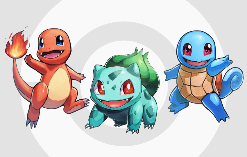 animal_focus blue_eyes bright_pupils bulbasaur charmander claws fangs flame-tipped_tail green_background highres kuroi_susumu no_humans nostrils open_mouth poke_ball_symbol pokemon pokemon_(creature) red_eyes squirtle starter_pokemon_trio turtle_shell white_pupils
