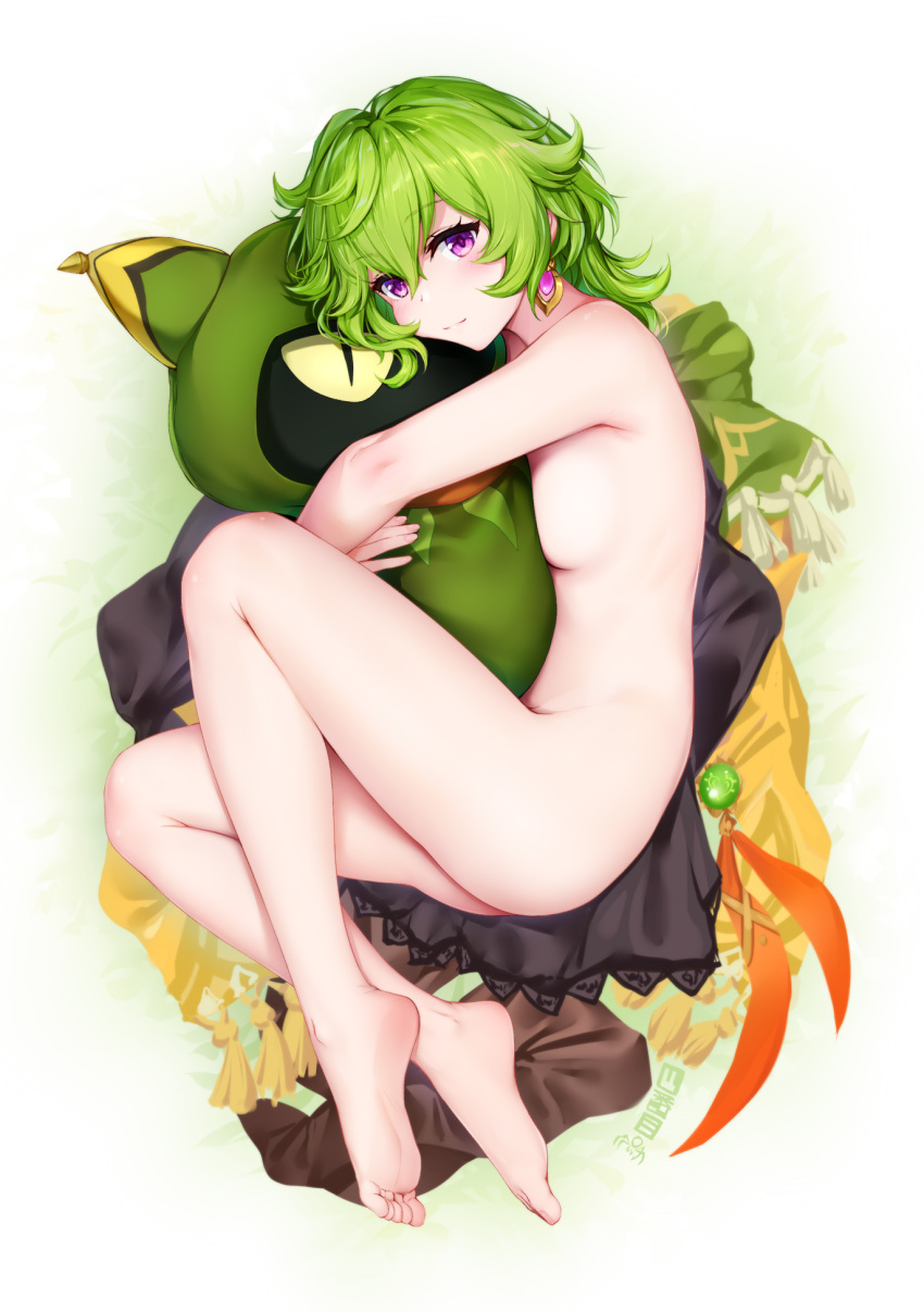 1girl bare_arms bare_back bare_legs bare_shoulders barefoot collei_(genshin_impact) earrings feet genshin_impact green_hair highres hug jewelry no_shoes nude purple_eyes shibanme_tekikumo short_hair single_earring soles stuffed_toy tassel tassel_earrings toy