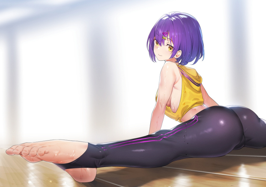 1girl arched_back ass bare_shoulders barefoot black_pants blue_hair blush bob_cut breasts bridal_legwear cameltoe closed_mouth crop_top feet flexible gradient_hair hair_ornament hairclip hands_on_ground highres hood hoodie multicolored_hair original pants purple_hair shiny_clothes sitting skin_tight sleeveless sleeveless_hoodie smile solo split spread_legs stretching sweat teddy_(khanshin) toenails toes wide_spread_legs x_hair_ornament yellow_eyes yellow_hoodie yoga yoga_pants