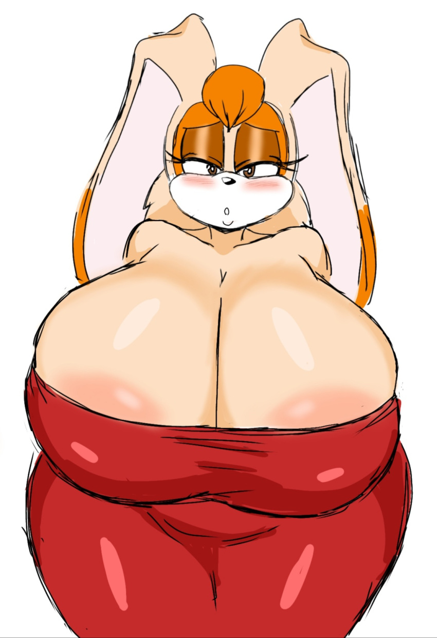 anthro areola areola_slip big_breasts big_ears blush breasts cleavage clothed clothing dress ears_down eyelashes female forehead_tuft fur glistening glistening_body half-closed_eyes hi_res huge_breasts lagomorph leporid looking_at_viewer mammal mature_female monhuter10 narrowed_eyes open_mouth pivoted_ears rabbit red_clothing red_dress sega simple_background solo sonic_the_hedgehog_(series) tan_body tan_fur thick_thighs tuft vanilla_the_rabbit white_background white_body white_fur wide_hips