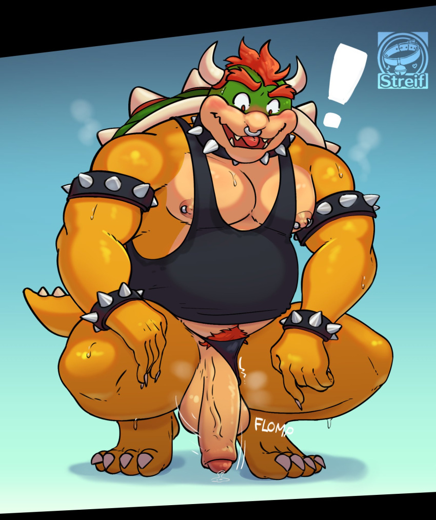 accidental_exposure balls blush bowser clothing clothing_aside dick_slip exclamation_point facial_piercing foreskin genitals hi_res humanoid_genitalia humanoid_penis koopa male mario_bros nintendo nipple_piercing nipples nose_piercing penis piercing scalie solo streif underwear underwear_aside wardrobe_malfunction