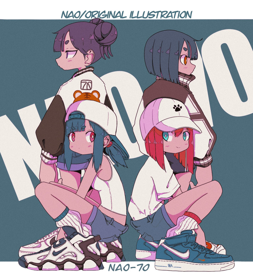 4girls aqua_background aqua_eyes arms_between_legs artist_name backwards_hat baseball_cap black_jacket black_sleeves blue_footwear blue_hair blue_shorts blunt_ends breasts closed_mouth double_bun english_text from_behind full_body grey_hair grey_shorts hair_bun hat highres jacket long_sleeves looking_at_viewer looking_to_the_side medium_hair multiple_girls nao97122 nike orange_eyes original paw_print profile purple_eyes purple_hair red_eyes red_hair ribbed_socks shirt shirt_tucked_in shoes short_hair shorts sidelocks sleeveless sleeveless_shirt small_breasts smile sneakers socks squatting standing streetwear t-shirt white_footwear white_headwear white_jacket white_shirt white_socks