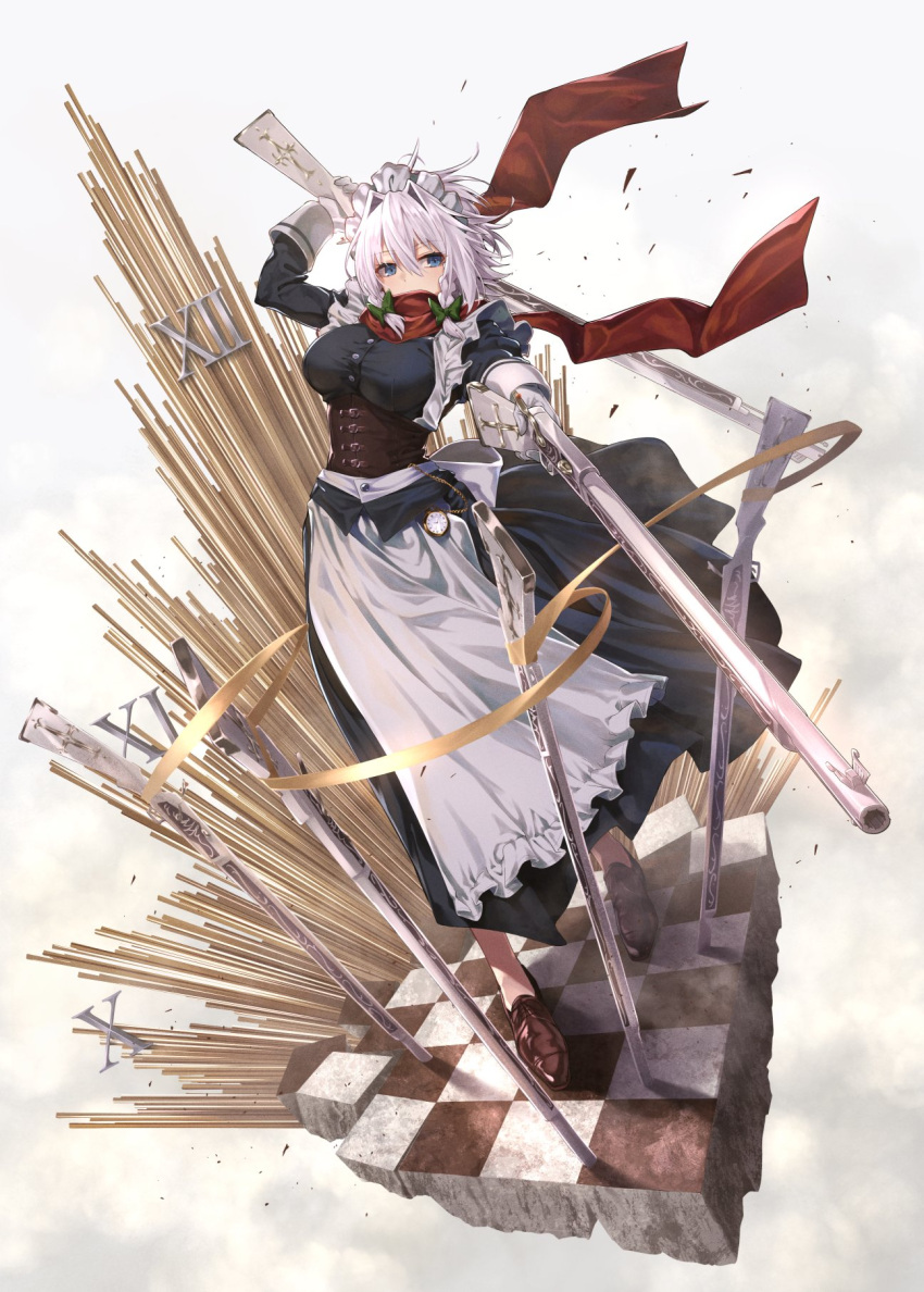 1girl aiming aiming_at_viewer apron bow braid breasts checkered_floor covered_mouth greenkohgen gun hair_bow highres izayoi_sakuya large_breasts loafers long_sleeves looking_at_viewer maid maid_headdress perfect_cherry_blossom pocket_watch revision rifle roman_numeral scarf shoes simple_background solo touhou waist_apron watch weapon white_background white_hair