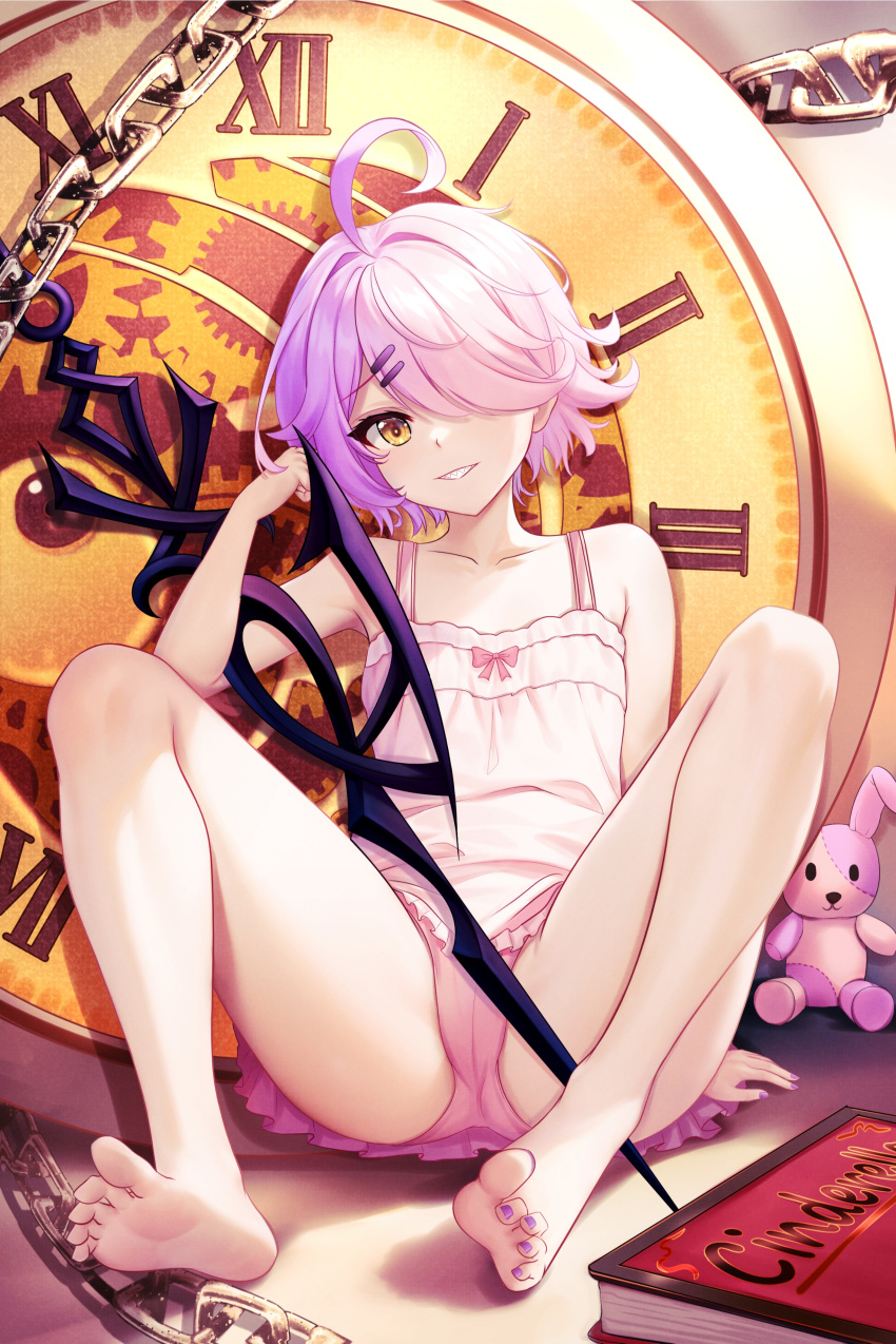 1girl absurdres ahoge barefoot benghuai_xueyuan book breasts brown_eyes cameltoe camisole chain clock collarbone commentary_request feet grin hair_intakes hair_ornament hair_over_one_eye hairclip hand_up highres honkai_(series) knees_up legs looking_at_viewer multicolored_hair nail_polish panties pink_hair pink_panties pink_skirt pleated_skirt purple_hair purple_nails roman_numeral sharp_teeth short_hair sin_mal sin_mal0909 sitting skirt small_breasts smile soles solo stitches stuffed_animal stuffed_rabbit stuffed_toy teeth toenail_polish toenails toes two-tone_hair underwear white_camisole