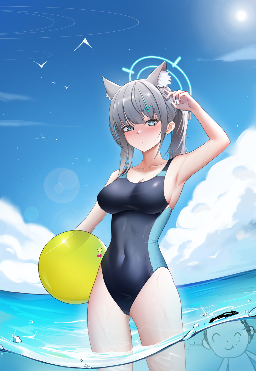 absurdres animal_ear_fluff animal_ears arona's_sensei_doodle_(blue_archive) ball black_one-piece_swimsuit blue_archive blue_eyes blue_sky breasts cloud competition_swimsuit covered_navel cross_hair_ornament day extra_ears grey_hair hair_ornament halo highres low_ponytail medium_breasts medium_hair mismatched_pupils multicolored_clothes multicolored_swimsuit official_alternate_costume one-piece_swimsuit outdoors partially_underwater_shot sensei_(blue_archive) shiroko_(blue_archive) shiroko_(swimsuit)_(blue_archive) sky swimsuit wolf_ears xi_(hanha)