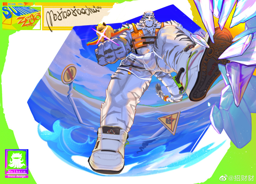 1boy absurdres alternate_costume alternate_weapon animal_ears arknights bara blue_eyes breaking covered_penis crossbow feet fisheye foot_focus from_below full_body furry furry_male glass highres holding holding_crossbow holding_weapon incoming_attack landing large_hands large_pectorals life_vest looking_at_viewer male_focus male_swimwear modachai_(weibo5622674859) mountain_(arknights) muscular muscular_male pectorals perspective scar scar_across_eye see-through_swimsuit shoes short_hair sneakers solo swim_briefs swim_trunks tail thick_eyebrows thick_thighs thighs tiger_boy tiger_ears tiger_tail weapon white_fur white_hair