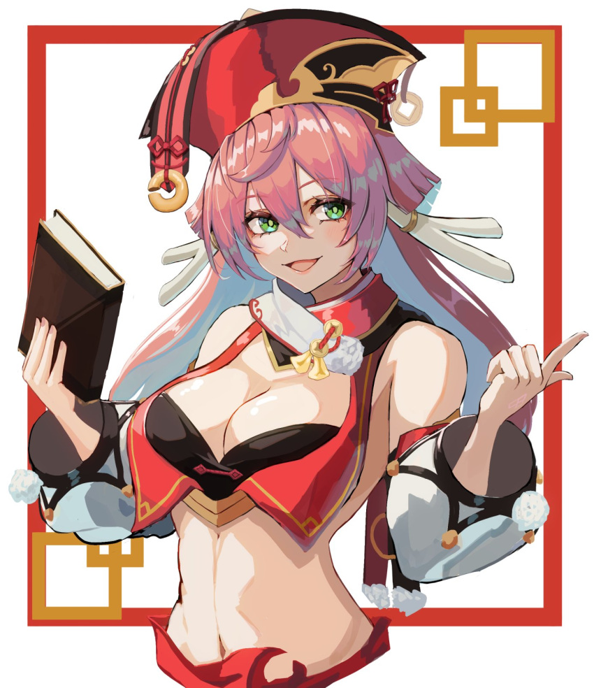 1girl alternate_breast_size bare_shoulders black_bra book border bra breasts cleavage collarbone crop_top detached_collar detached_sleeves genshin_impact green_eyes hair_between_eyes hat highres holding holding_book index_finger_raised large_breasts long_hair midriff moppo multicolored_hair navel open_mouth pink_hair red_border red_headwear smile solo two-tone_hair underwear upper_body white_background white_hair yanfei_(genshin_impact)