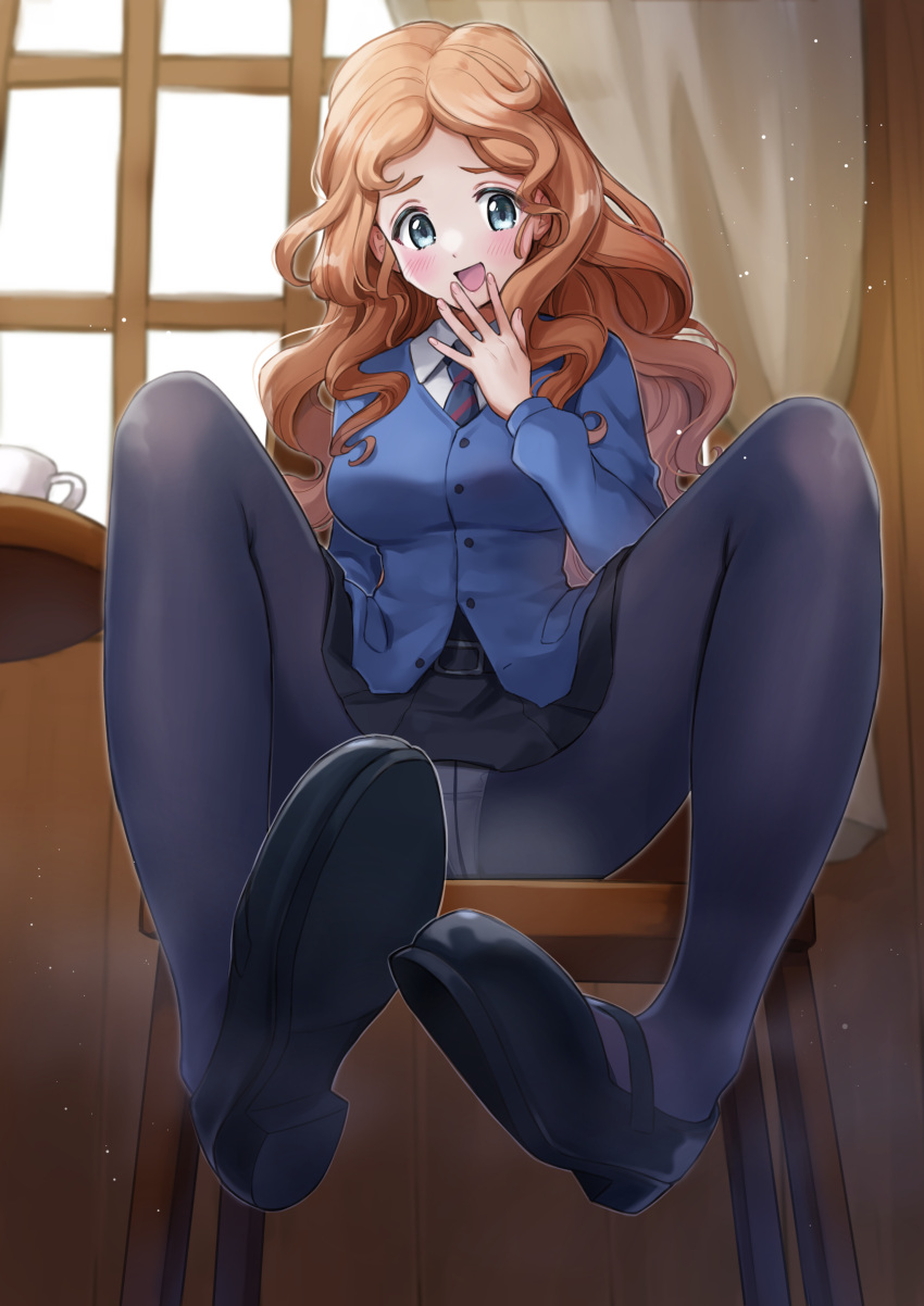 1girl absurdres bc_freedom_school_uniform black_pantyhose blue_eyes blush breasts brown_hair crotch from_below girls_und_panzer hand_to_own_mouth highres isabe_(girls_und_panzer) long_hair looking_at_viewer medium_breasts miniskirt on_chair open_mouth panties pantyhose pleated_skirt sahara1127 school_uniform sitting skirt smile solo underwear white_panties window